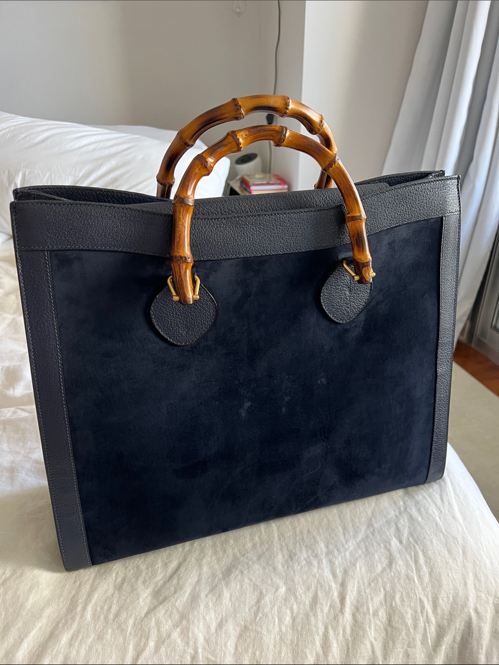 Gucci Lady Diana Navy Suede Tote with Bamboo Handles